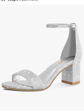 Silver Glitter Block Heel Ankle Strap Sandal Size 10